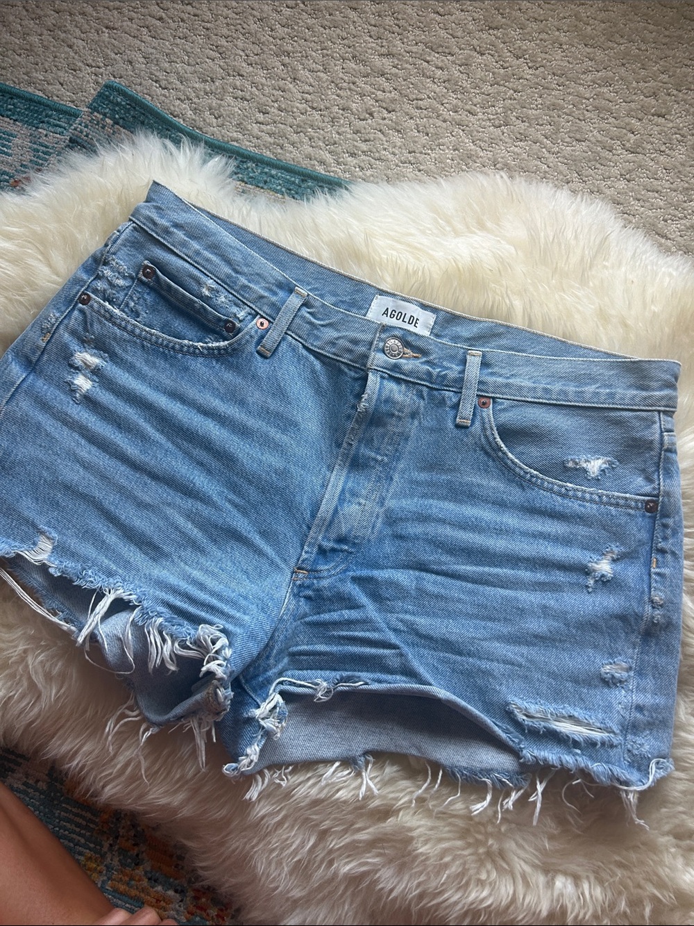Agolde Light Wash Distressed Denim Cutoff Shorts